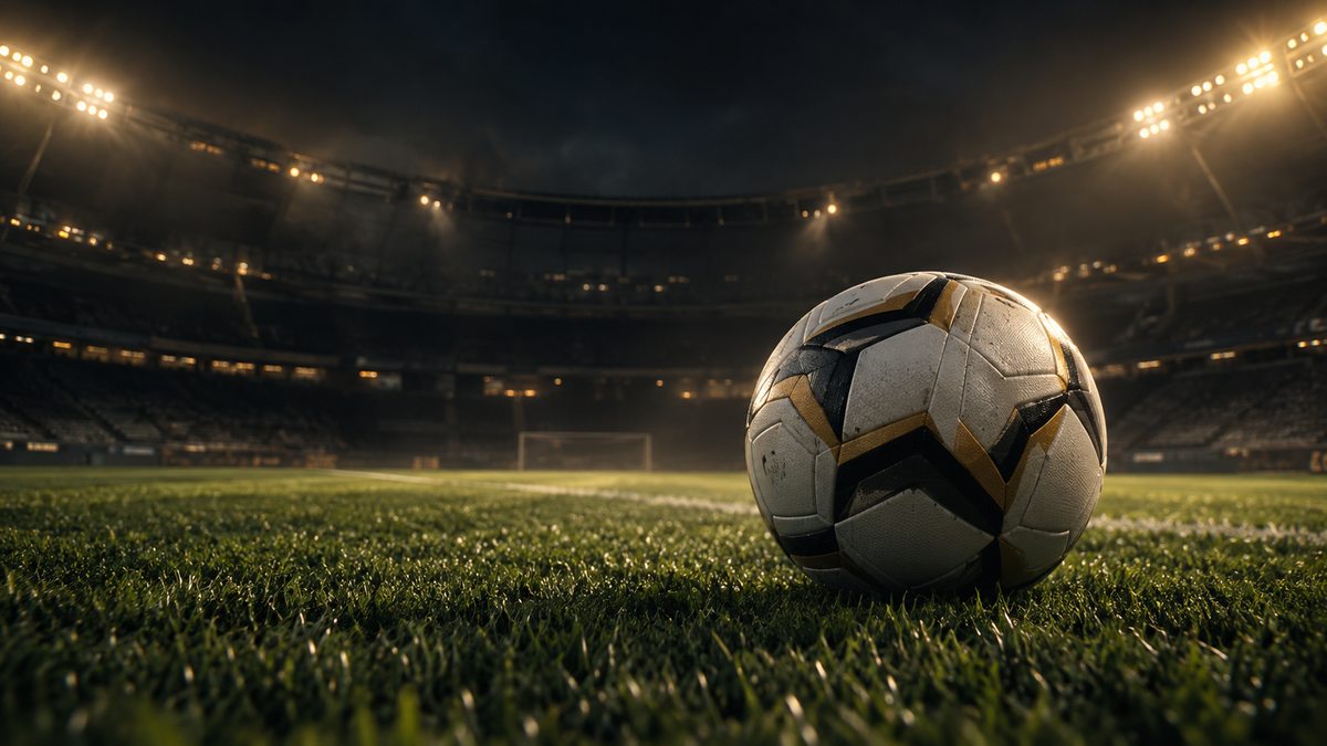 Bola sepak di lapangan stadion dengan pencahayaan malam